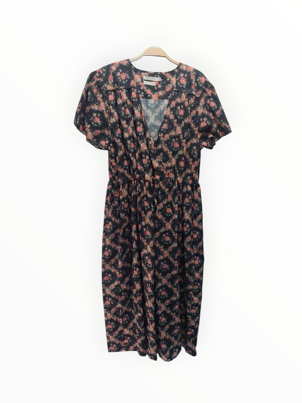 Christy Dawn XL Black Floral V-Neck Short Sleeve Midi Pullover Dress